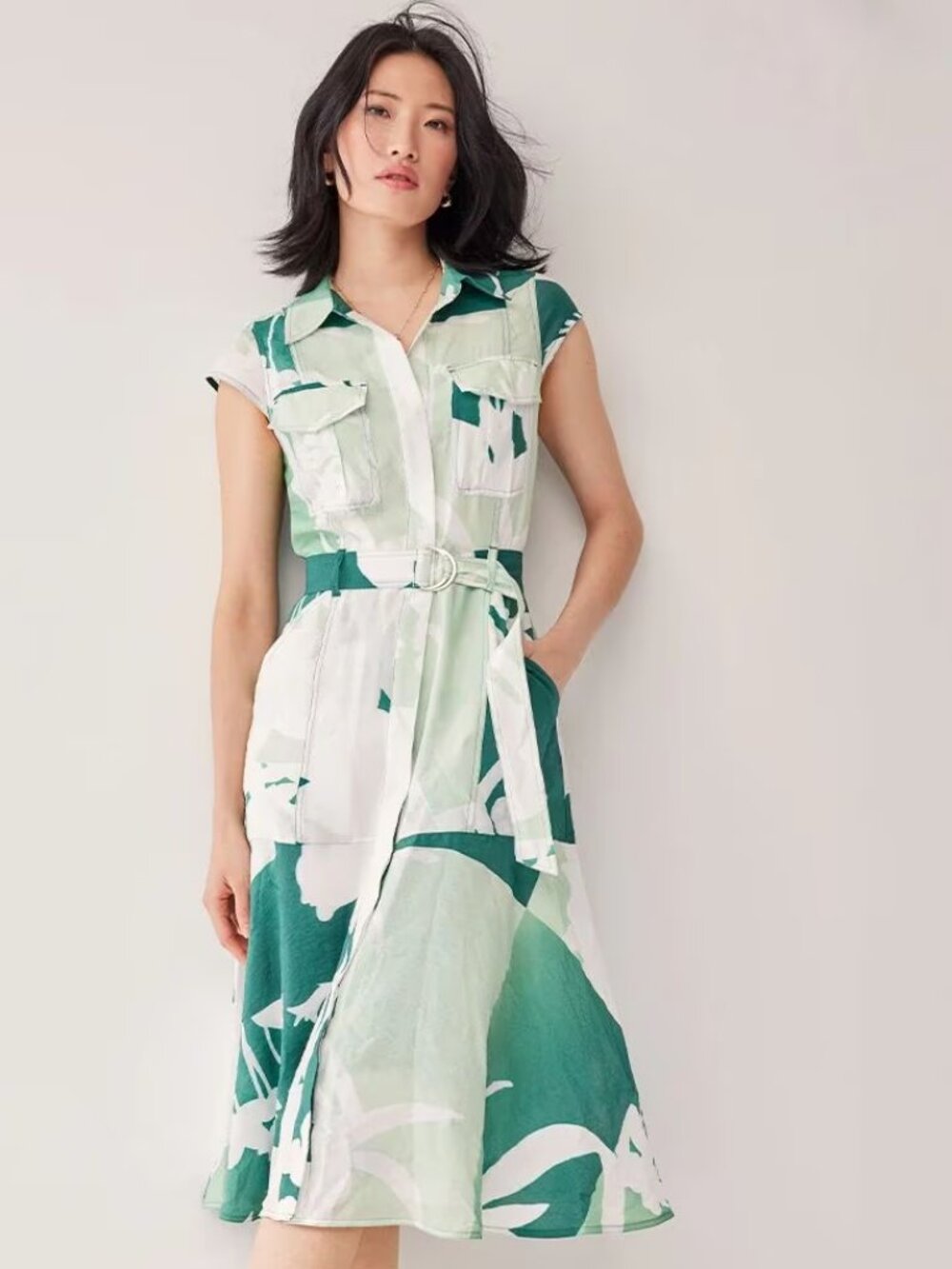 WHBM $170 WITH POCKETS! Floral Utility Shirt Dress Green White